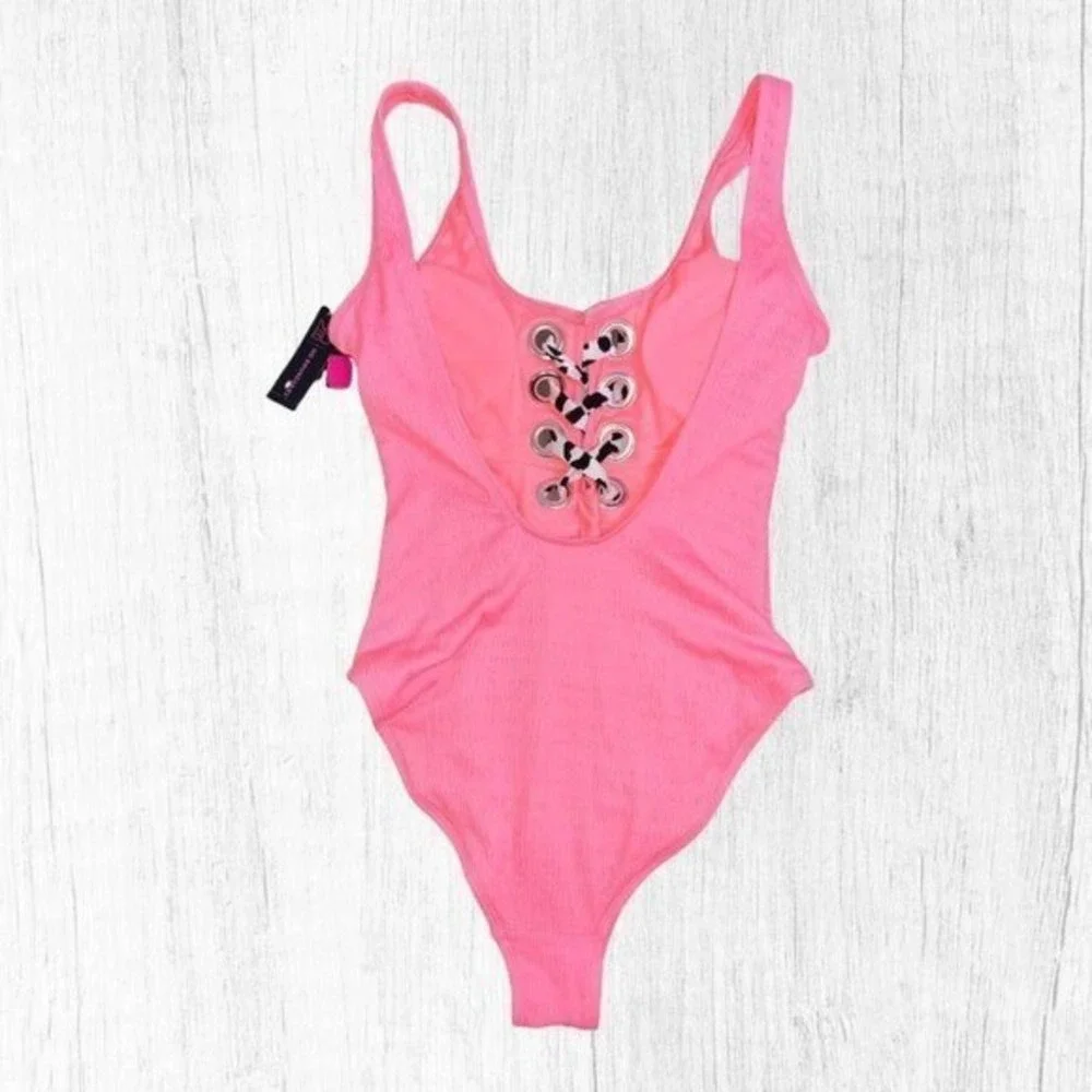 No Boundaries‎ Juniors Pink Lace-Up High Leg Swimsuit Size M 7-9 One Piece